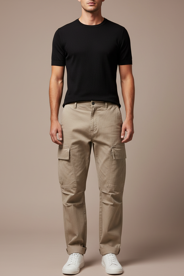 Pantalon Cargo Beige Coton Ample Décontracté Homme