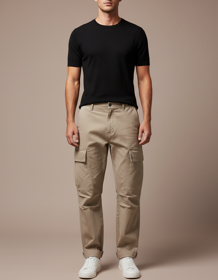 Pantalon Cargo Beige Coton Ample Décontracté Homme