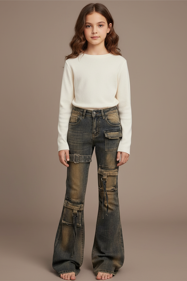 Pantalon Cargo Jean Délavé Évasé Multipoches Enfant - Kaki