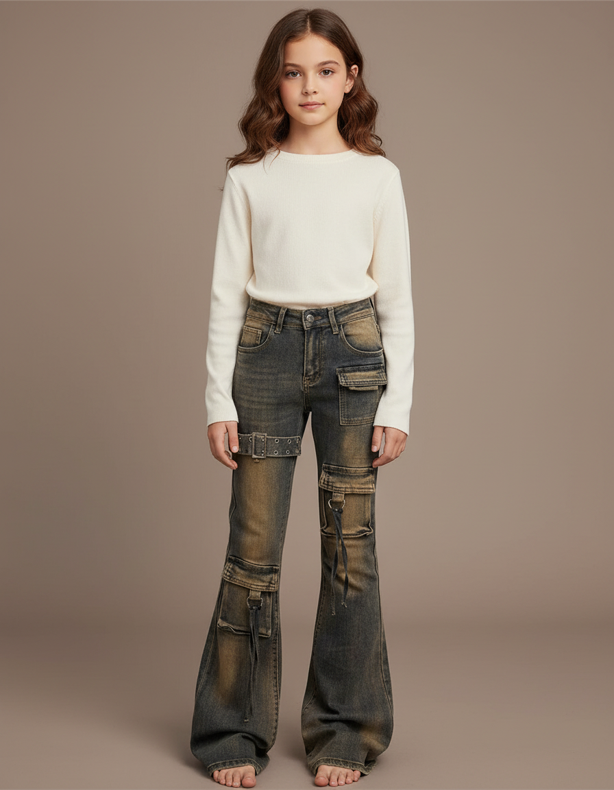 Pantalon Cargo Jean Délavé Évasé Multipoches Enfant - Kaki