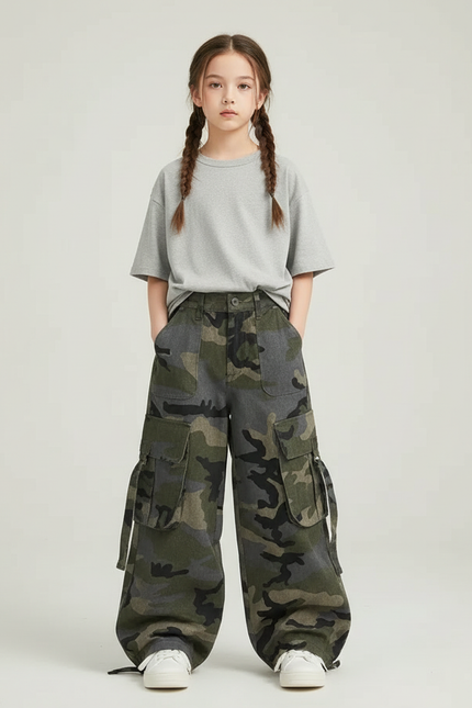 Pantalon Cargo Camouflage Ample Multipoches Enfant Fille - Imprimé Toile