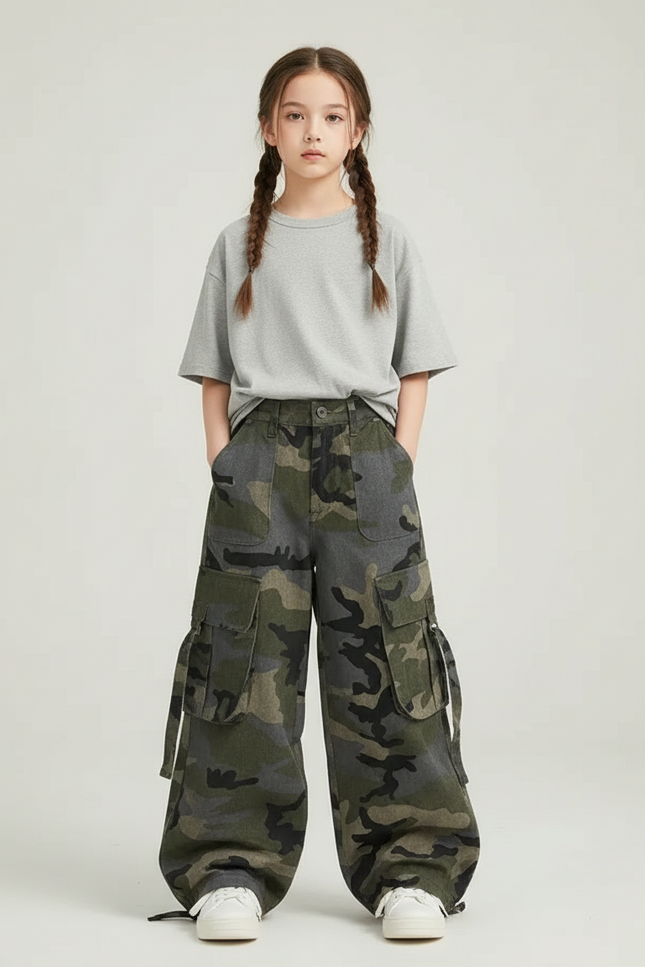 Pantalon Cargo Camouflage Ample Multipoches Enfant Fille - Imprimé Toile