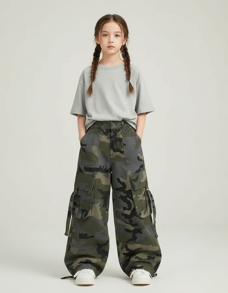 Pantalon Cargo Camouflage Ample Multipoches Enfant Fille - Imprimé Toile