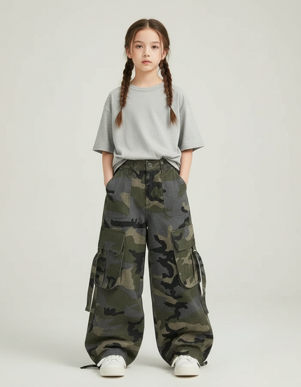 Pantalon Cargo Camouflage Ample Multipoches Enfant Fille - Imprimé Toile