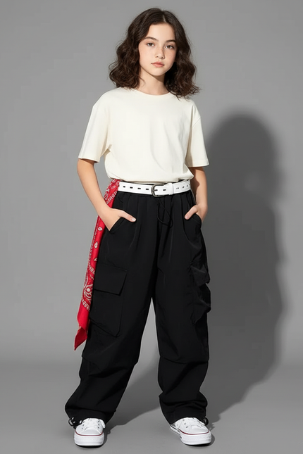Pantalon Cargo Noir Avec Ceinture - Polyester