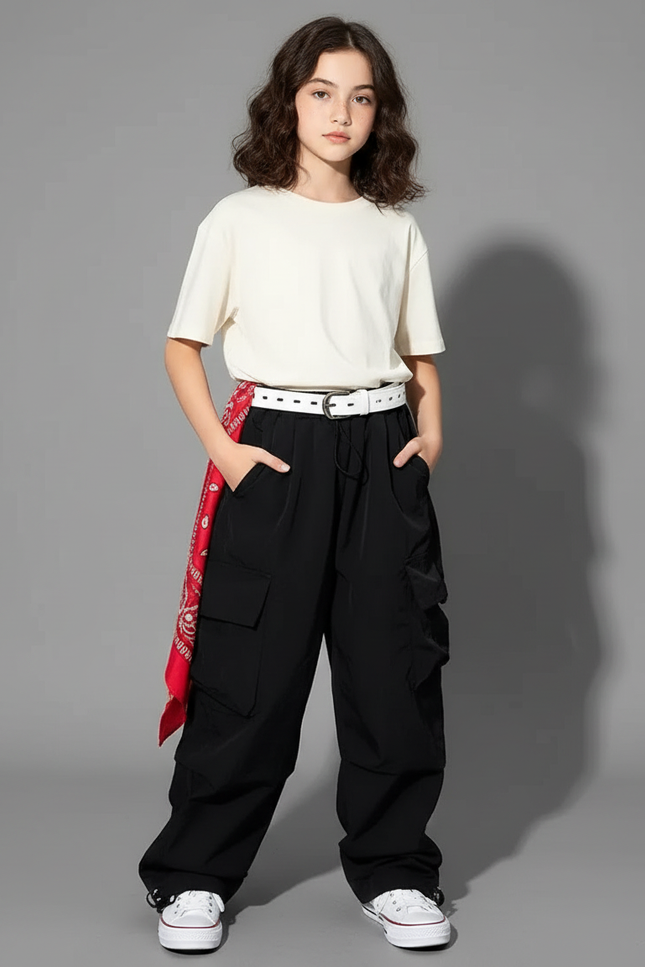 Pantalon Cargo Noir Avec Ceinture - Polyester