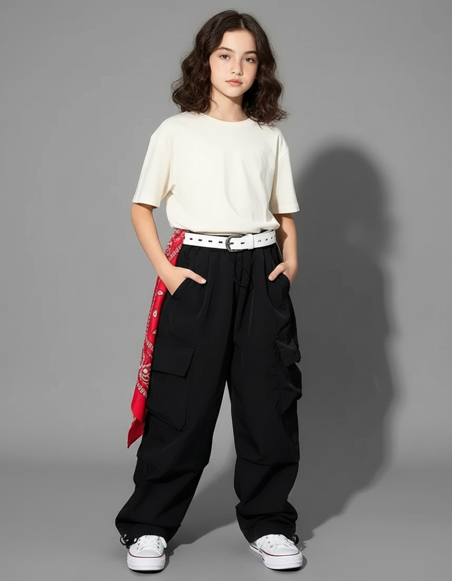 Pantalon Cargo Noir Avec Ceinture - Polyester