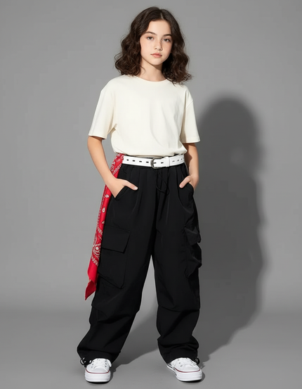 Pantalon Cargo Noir Avec Ceinture - Polyester
