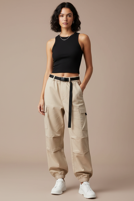 Pantalon Cargo Beige Ample Ceinturé Femme Coton - Toile