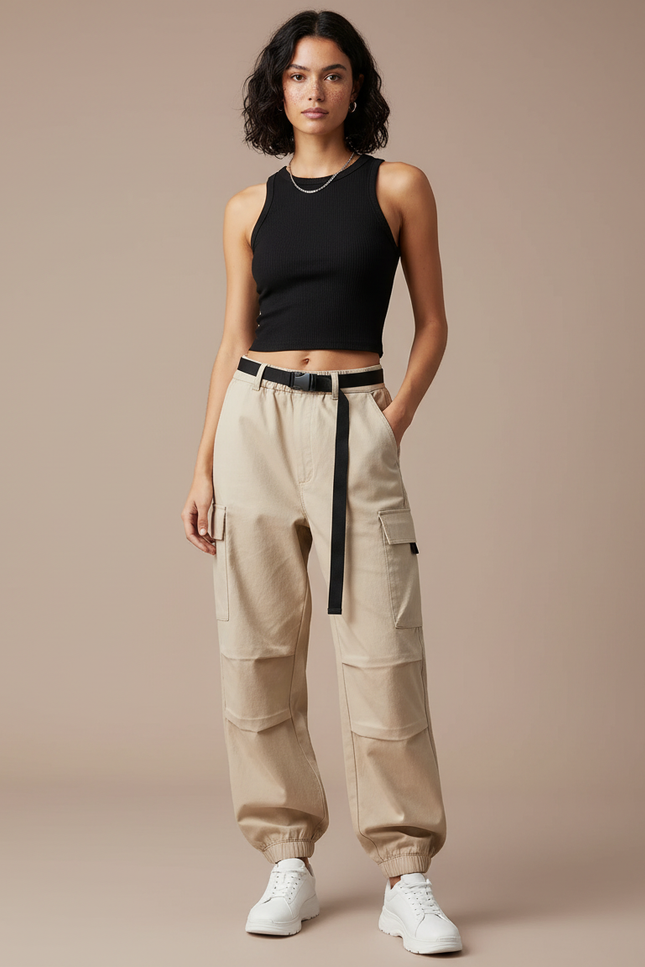 Pantalon Cargo Beige Ample Ceinturé Femme Coton - Toile