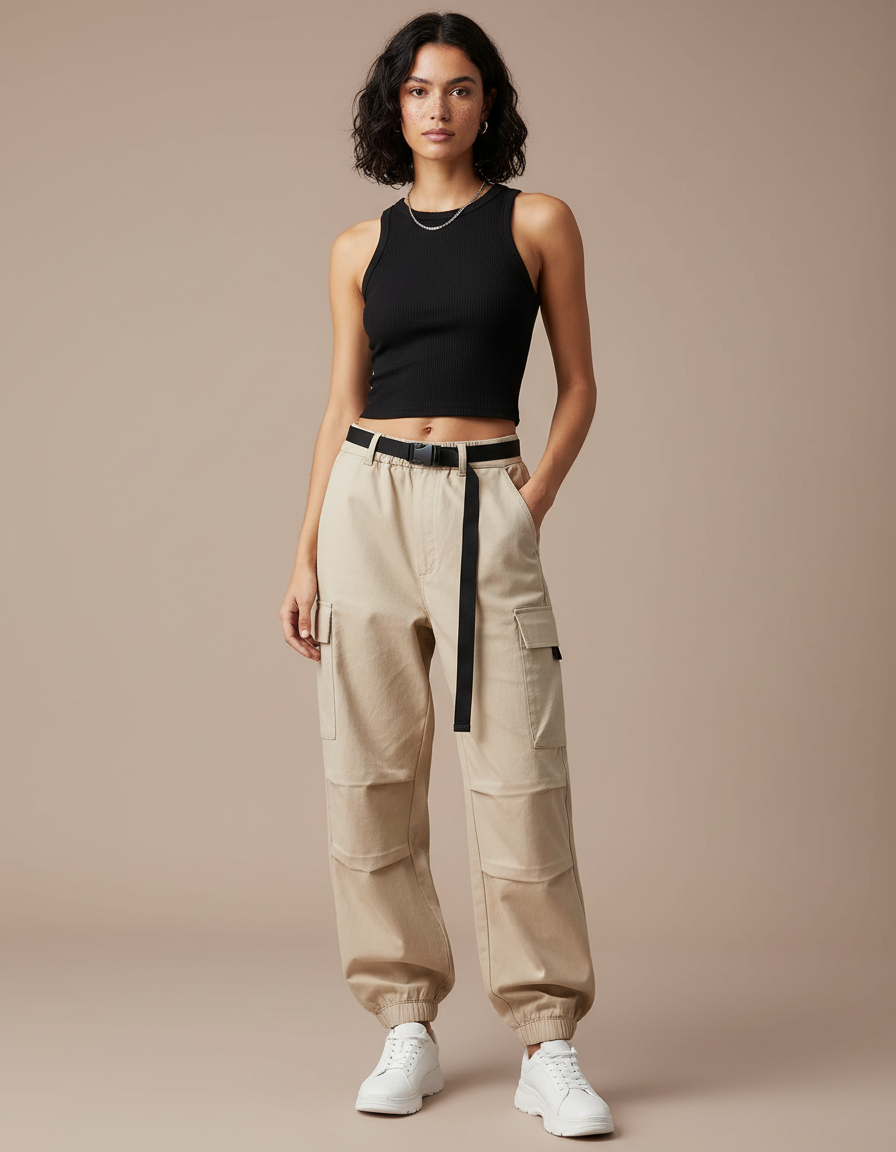 Pantalon Cargo Beige Ample Ceinturé Femme Coton - Toile