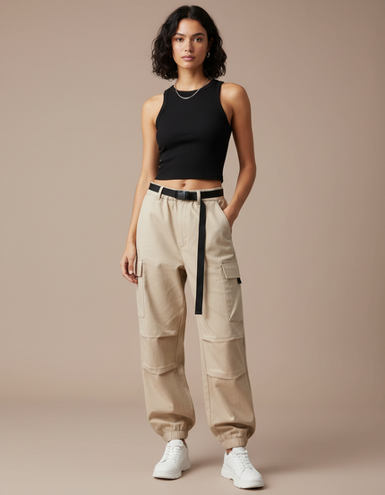 Pantalon Cargo Beige Ample Ceinturé Femme Coton - Toile