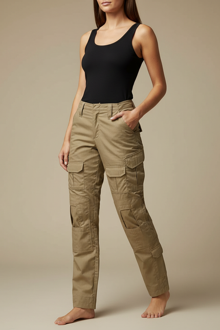 Pantalon Cargo Kaki Femme Multipoches Coupe Droite - Toile