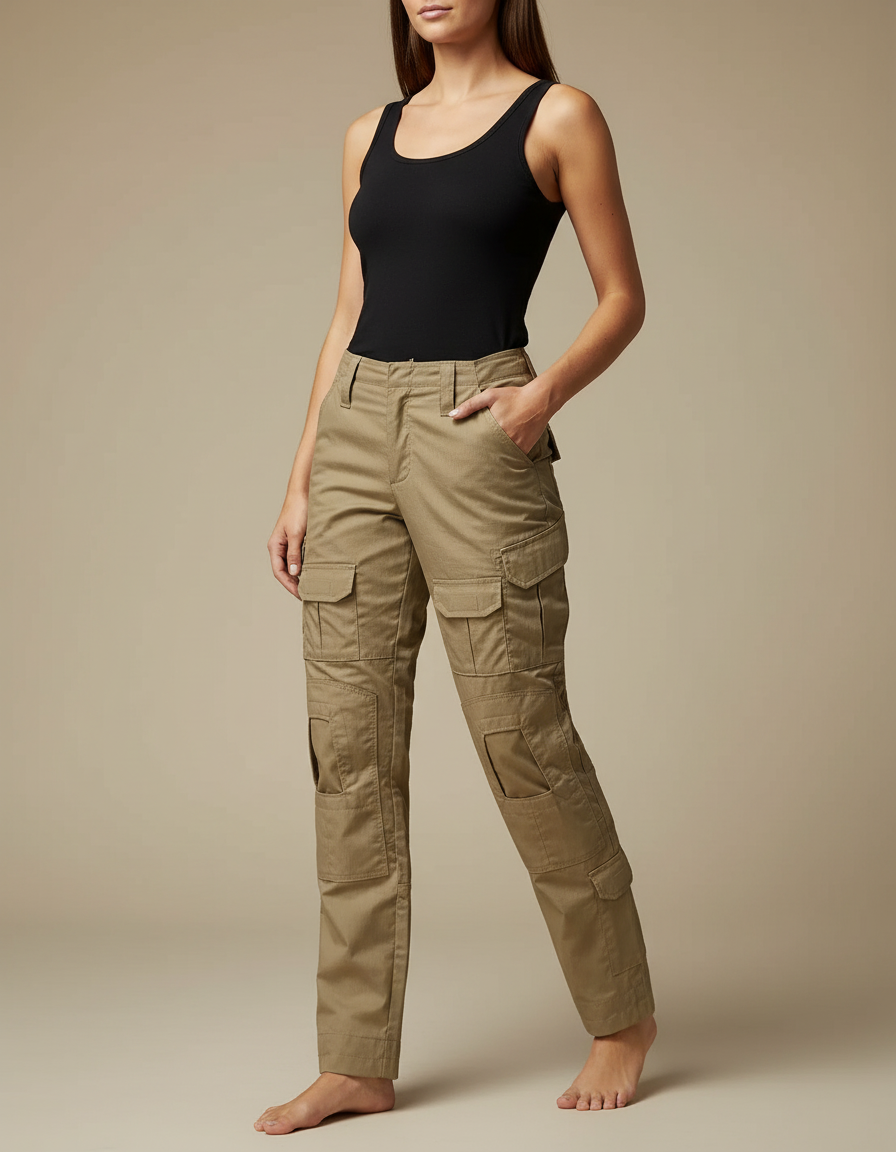 Pantalon Cargo Kaki Femme Multipoches Coupe Droite - Toile