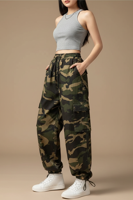 Pantalon Cargo Camouflage Ample Vert Femme Streetwear - Toile