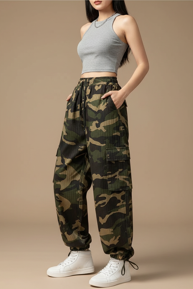 Pantalon Cargo Camouflage Ample Vert Femme Streetwear - Toile