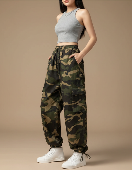 Pantalon Cargo Camouflage Ample Vert Femme Streetwear - Toile