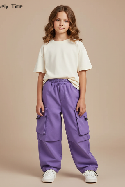 Pantalon Cargo Violet Ample Poches Fille Enfant - Molleton