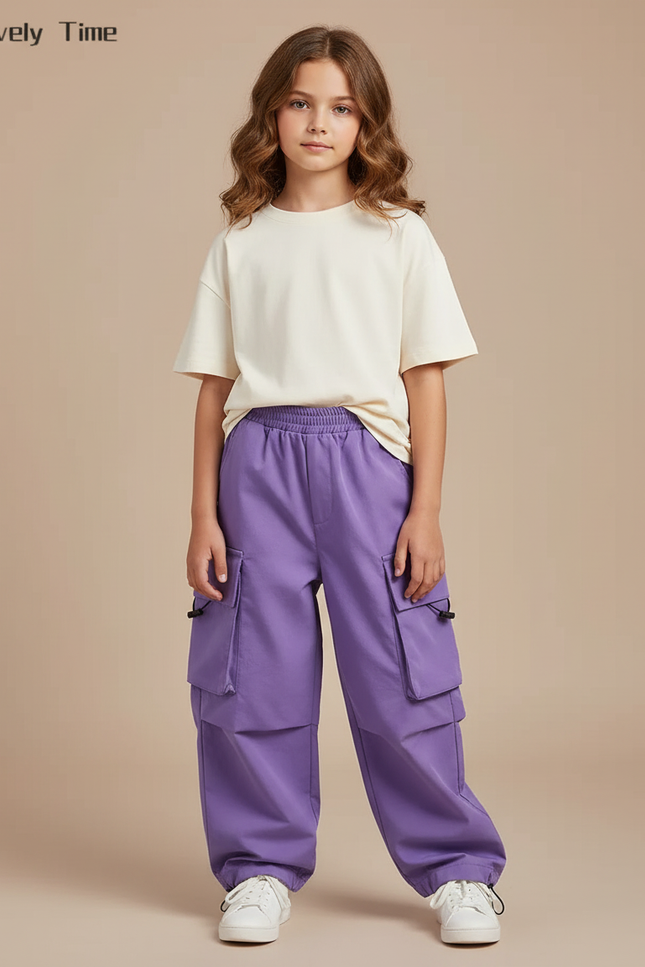 Pantalon Cargo Violet Ample Poches Fille Enfant - Molleton