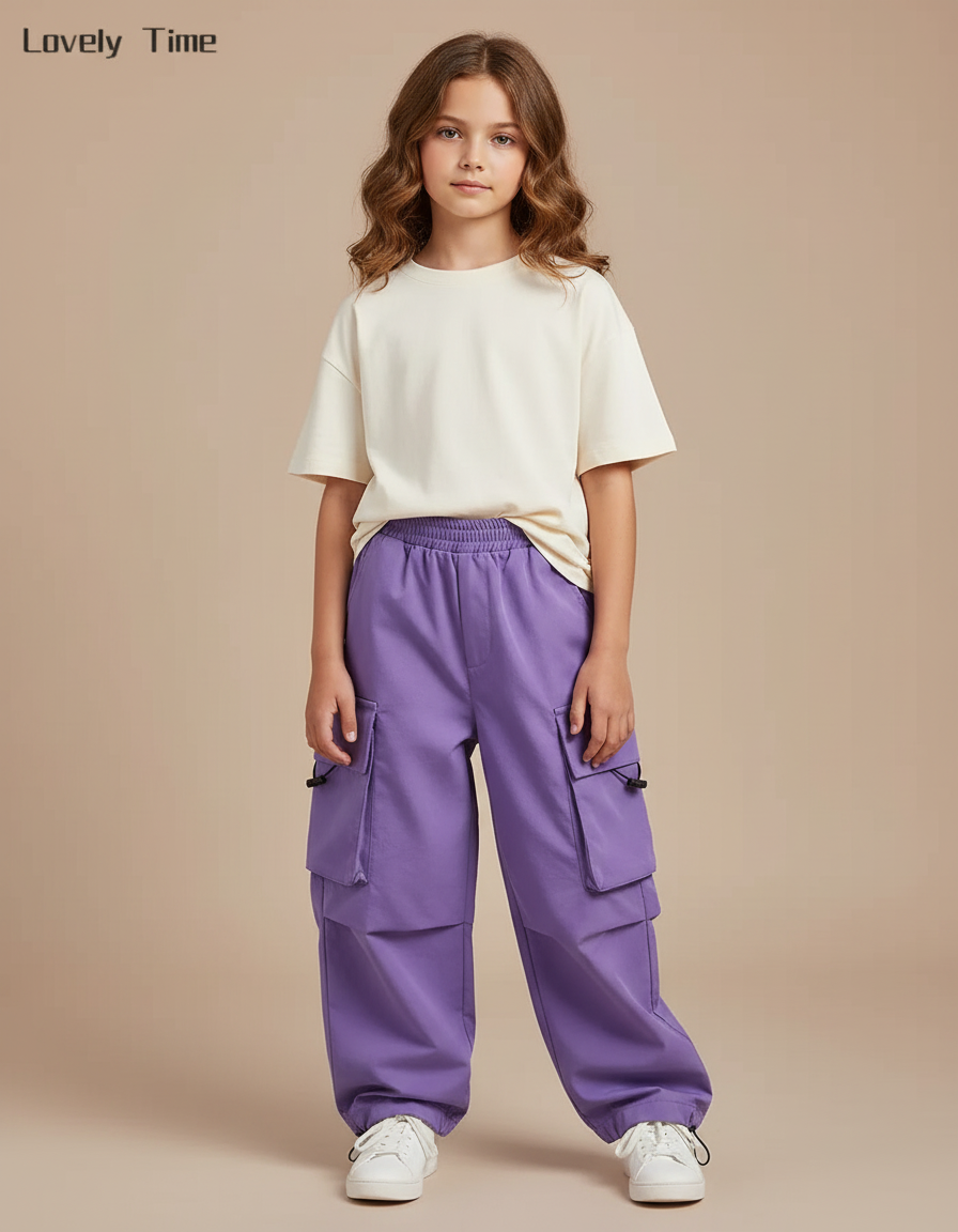 Pantalon Cargo Violet Ample Poches Fille Enfant - Molleton