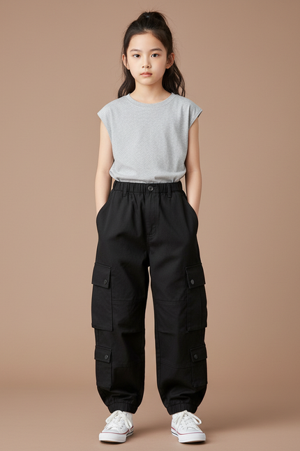 Pantalon Cargo Noir Ample Multipoches Fille Streetwear - Toile