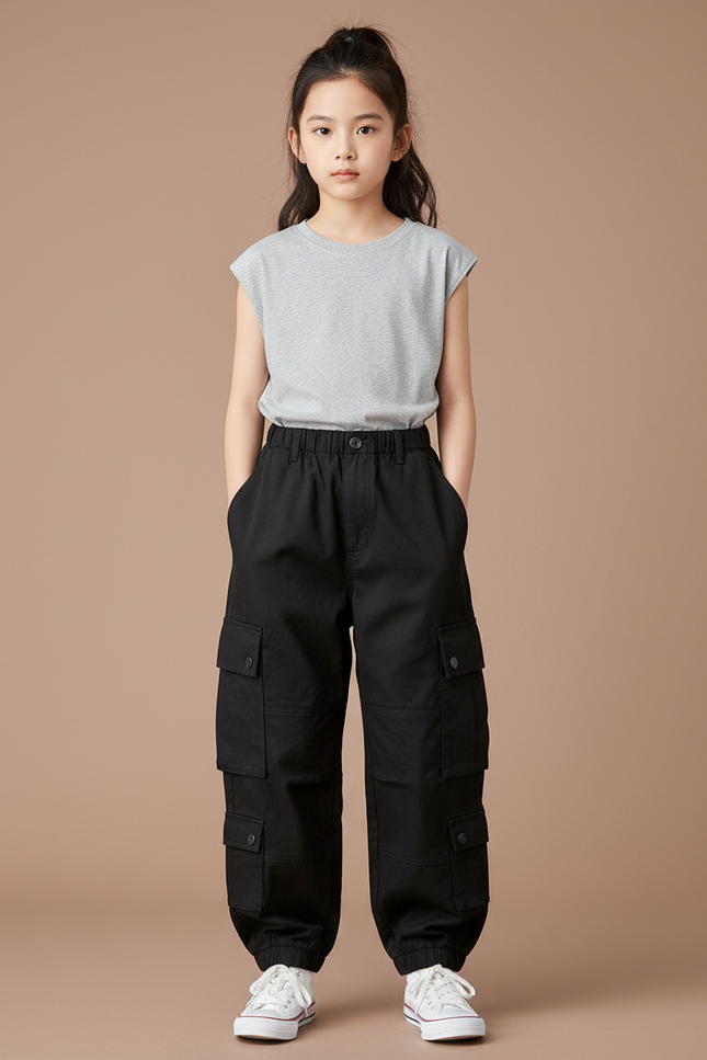 Pantalon Cargo Noir Ample Multipoches Fille Streetwear - Toile