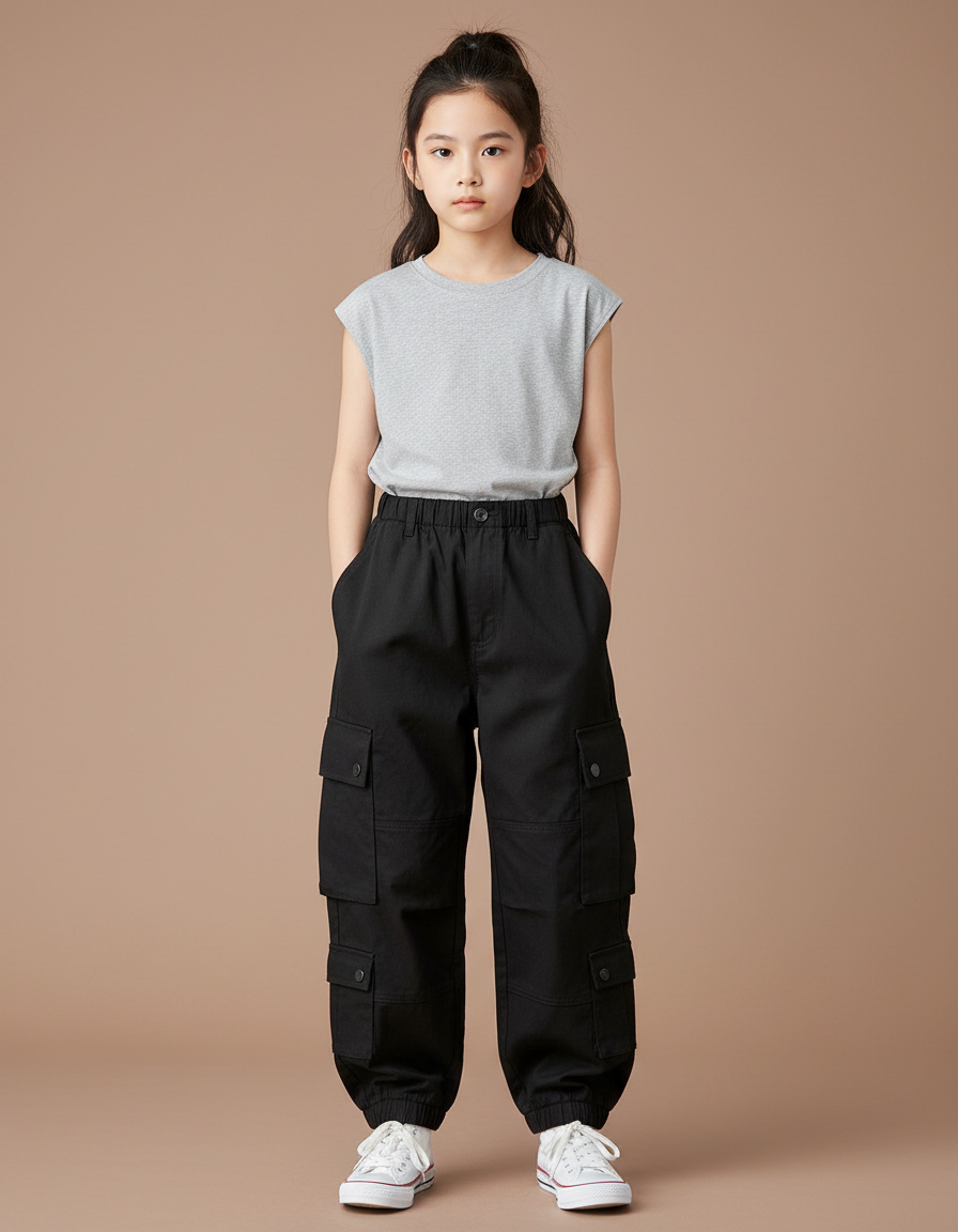 Pantalon Cargo Noir Ample Multipoches Fille Streetwear - Toile