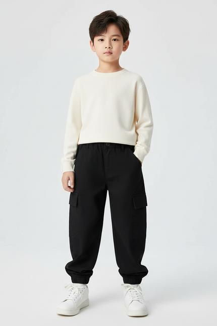 Pantalon Cargo Noir Ample Coton Garçon Poches