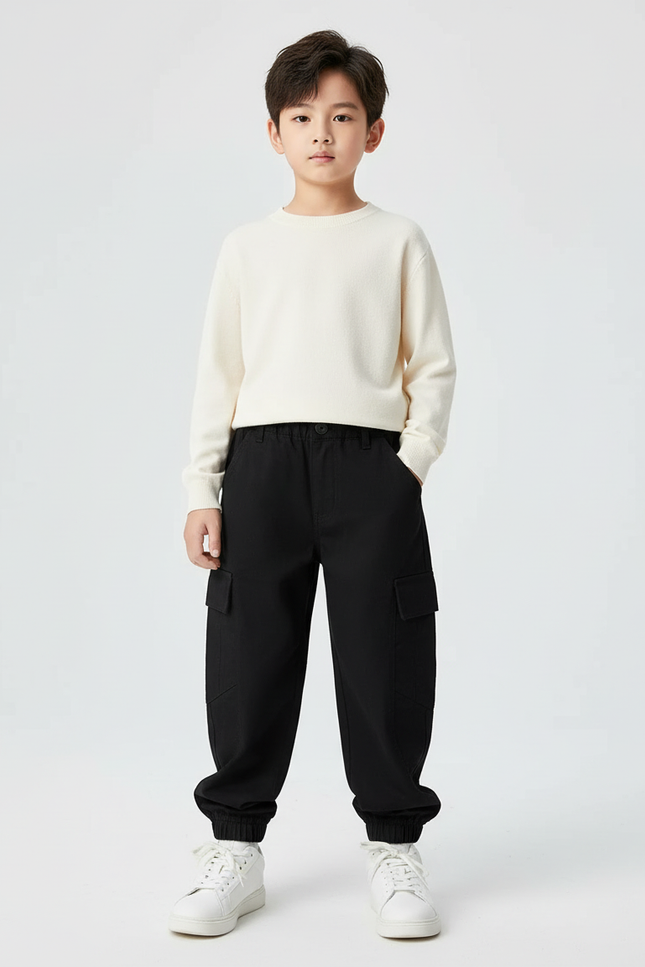 Pantalon Cargo Noir Ample Coton Garçon Poches