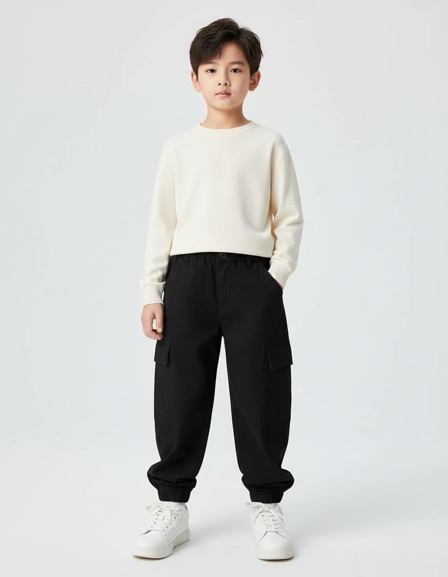Pantalon Cargo Noir Ample Coton Garçon Poches