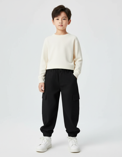 Pantalon Cargo Noir Ample Coton Garçon Poches