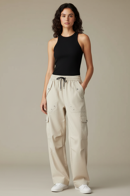 Pantalon Cargo Beige Ample Décontracté Fluide Femme - Toile
