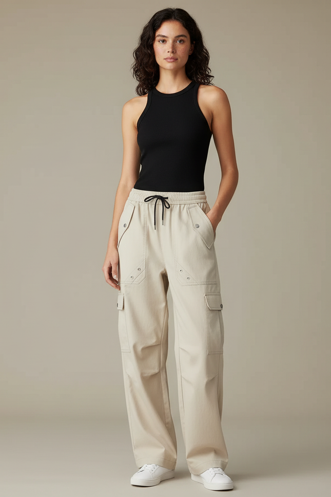 Pantalon Cargo Beige Ample Décontracté Fluide Femme - Toile