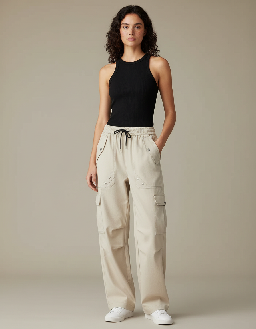 Pantalon Cargo Beige Ample Décontracté Fluide Femme - Toile