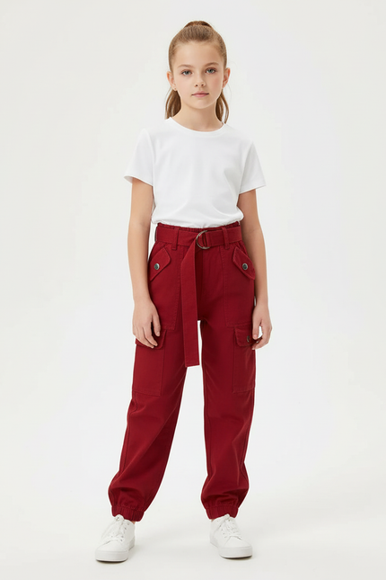 Pantalon Cargo Rouge Ample Multipoches Décontracté Ceinturé - Gabardine