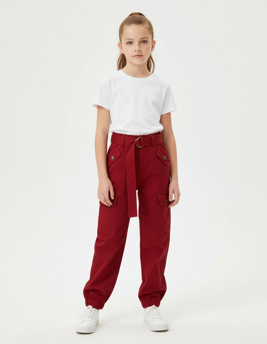 Pantalon Cargo Rouge Ample Multipoches Décontracté Ceinturé - Gabardine