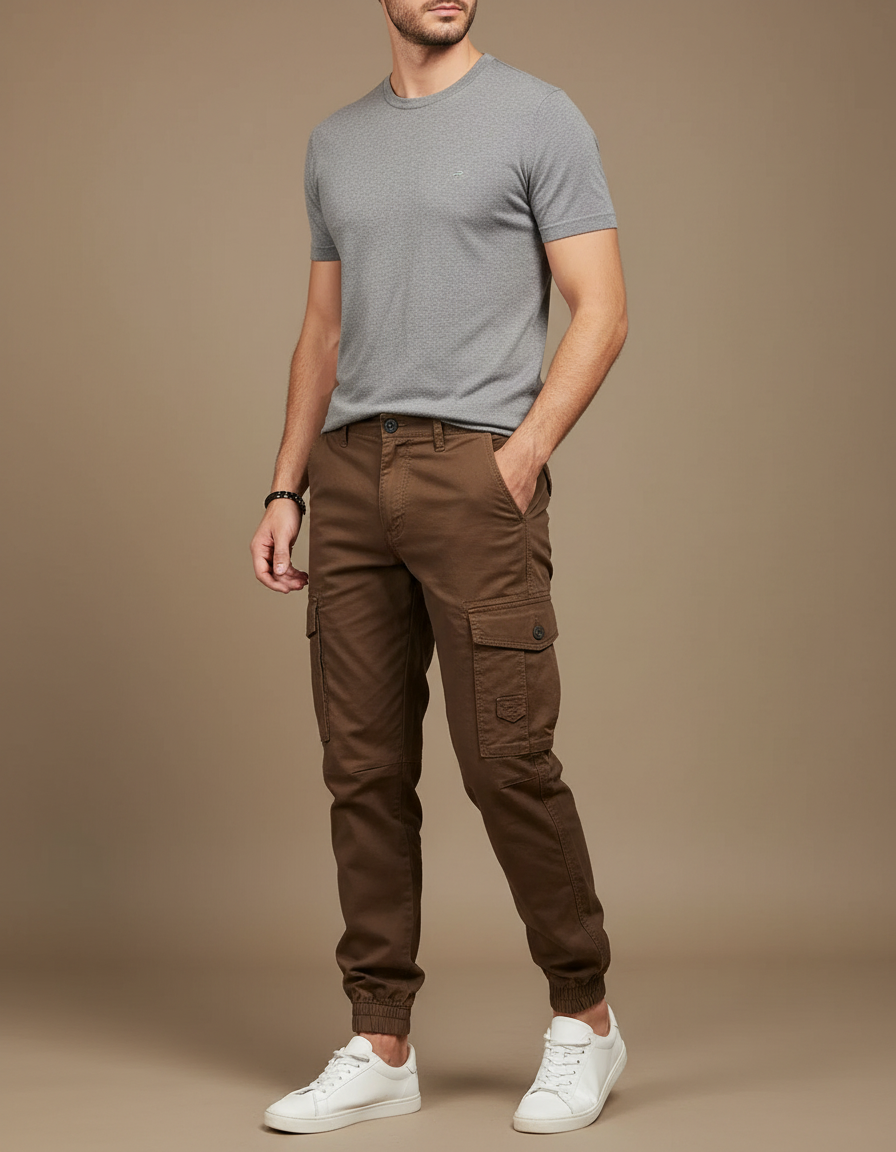 Pantalon Cargo Marron Coton Coupe Slim Poches
