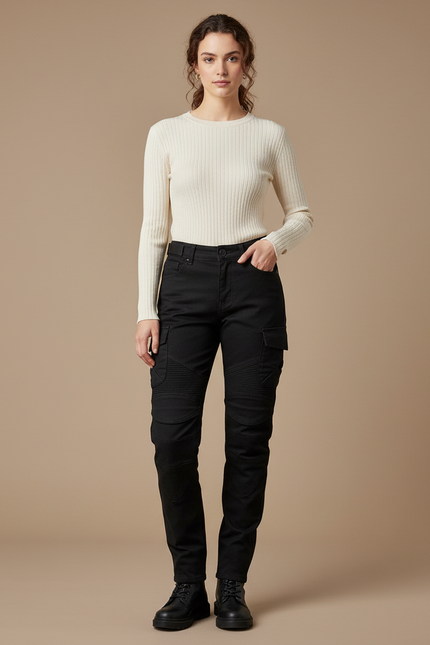 Pantalon Cargo Noir Femme Slim Motard Coton