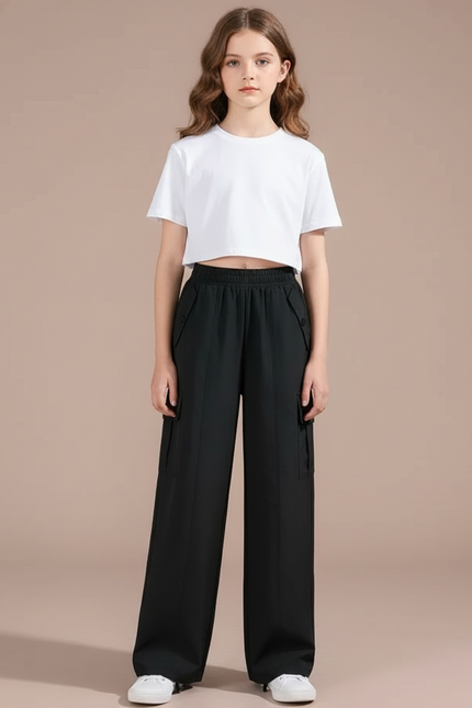 Pantalon Cargo Noir Ample Coupe Large Fille - Polyester