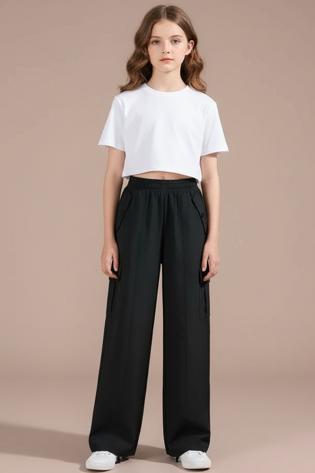 Pantalon Cargo Noir Ample Coupe Large Fille - Polyester