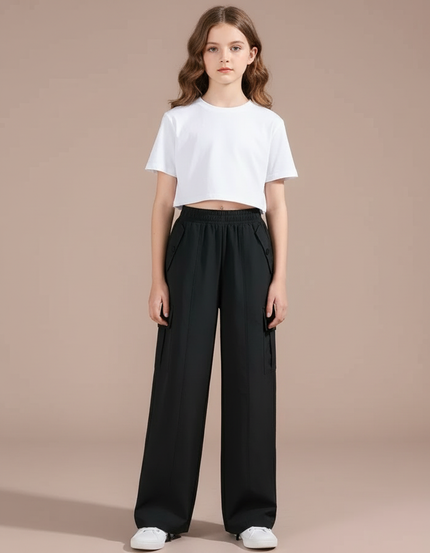 Pantalon Cargo Noir Ample Coupe Large Fille - Polyester