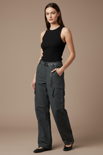 Pantalon Cargo Femme Gris Ample Poches - Polyester