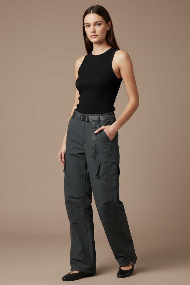Pantalon Cargo Femme Gris Ample Poches - Polyester