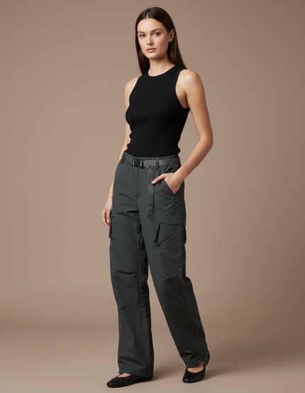Pantalon Cargo Femme Gris Ample Poches - Polyester
