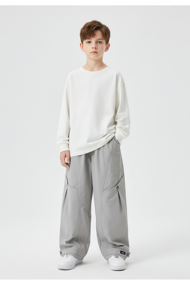 Pantalon Cargo Gris Ample Multipoches Décontracté Enfant Urbain - Gabardine