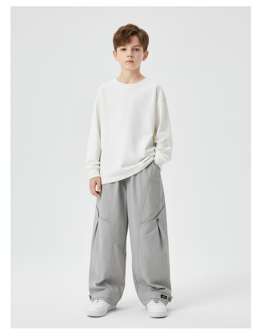 Pantalon Cargo Gris Ample Multipoches Décontracté Enfant Urbain - Gabardine