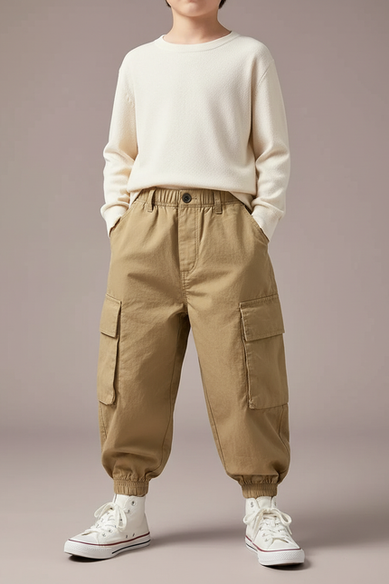 Pantalon Cargo Beige Ample Garçon Coton Poches - Gabardine