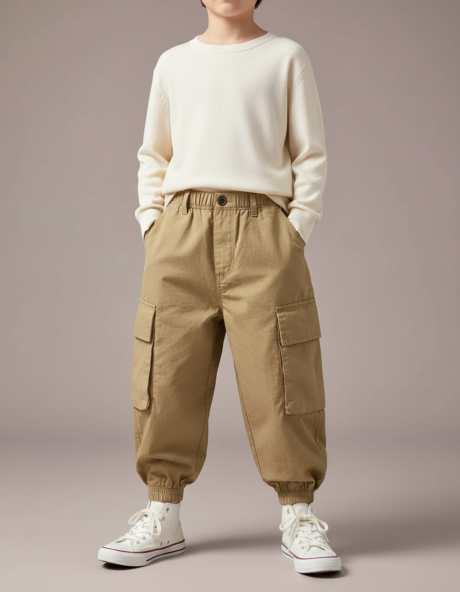 Pantalon Cargo Beige Ample Garçon Coton Poches - Gabardine