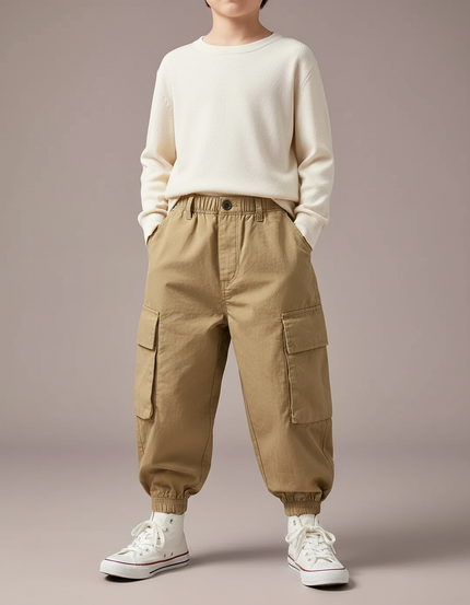 Pantalon Cargo Beige Ample Garçon Coton Poches - Gabardine
