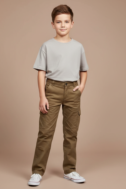 Pantalon Cargo Kaki Droit Coton Multipoches Enfant